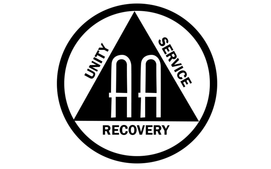 logo for Alcoholics Anonymous stating Unity, Service, Recovery