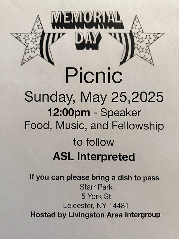 Memorial Day Picnic Flyer. Sunday May 25, 2025. Speaker at 12 Noon. Food, music, and fellowship afterward. Location, Starr Park, Leicester NY.