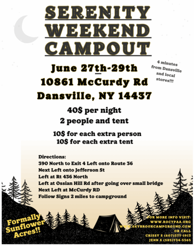 Location: 10861 McCardy Rd Dansville NY, four minutes from Dansville!
$40 per night for 2 people and tent.
For more information, call Crissy S (607) 377-1913 or Jenn S (585) 734-5365