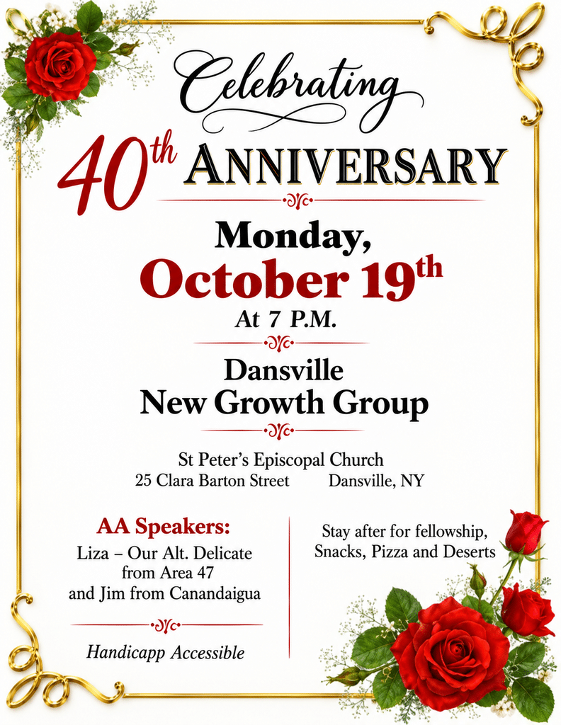 Dansville New Growth Celebrates 40 year anniversary! TWO Speakers to celebrate our Ruby Red Anniversary at 7PM! Pizza, Snacks, desert, and fellowship afterwards!

Location: 

St. Peter's Episcopal Church

25 Clara Barton Street

Dansville NY